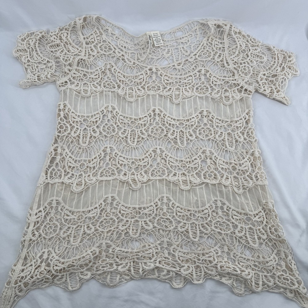 Boho Sheer Crochet Tunic Top L Country Cowgirl Rodeo Festival Layering Shabby - Picture 3 of 5